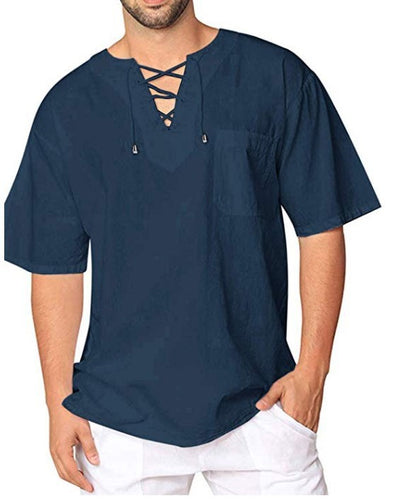 Eyelet Tie Cotton Linen Men's Short Sleeve Shirt