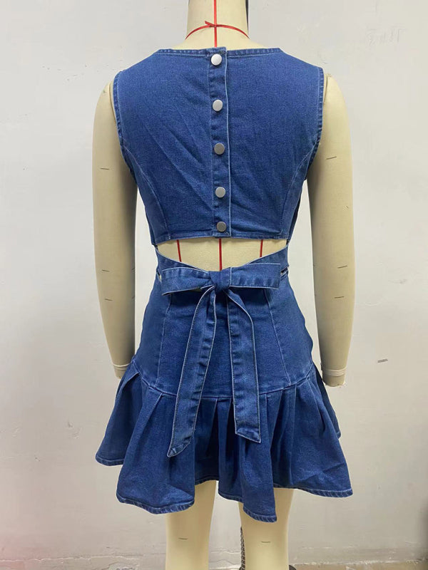 Pleated Waist Denim Dress