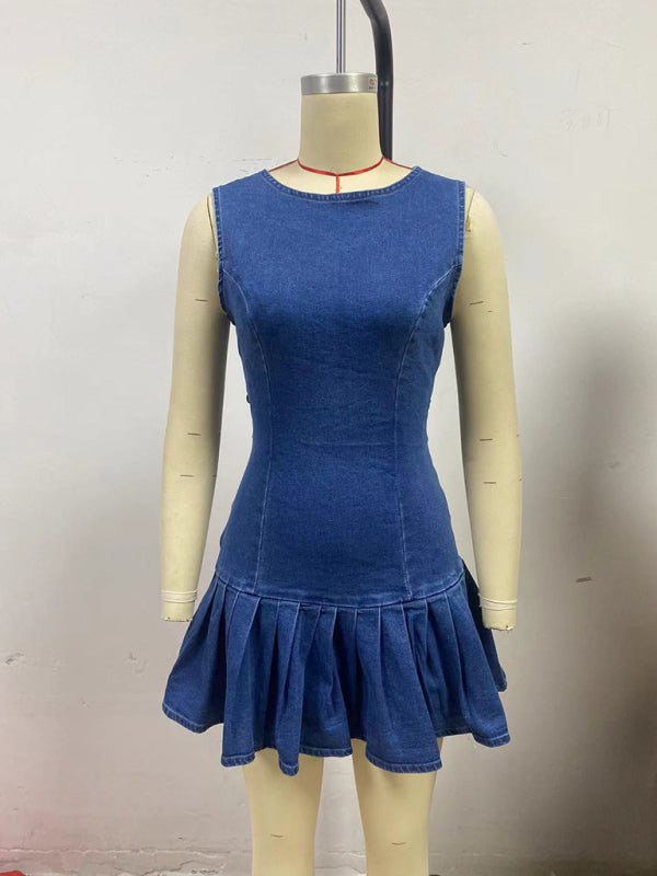 Pleated Waist Denim Dress