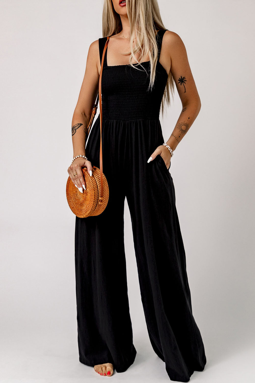 Smocked Square Neck Wide Leg Jumpsuit with Pockets - NawdeX