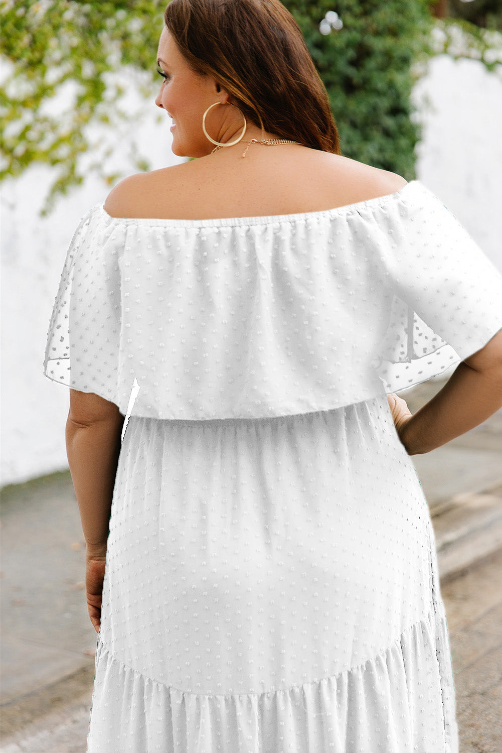 Plus Size Swiss Dot Off-Shoulder Tiered Dress - NawdeX