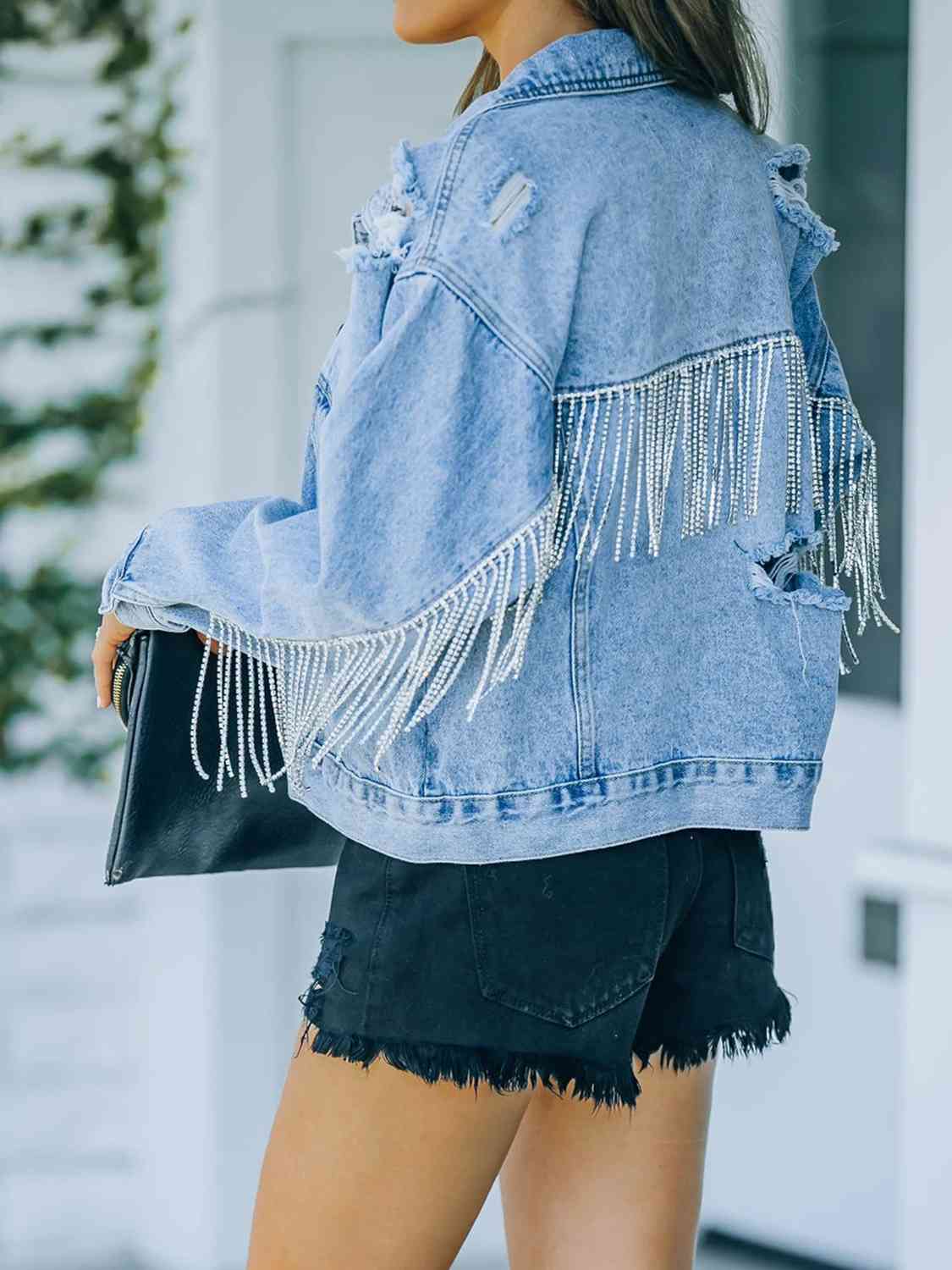 Distressed Fringe Denim Jacket - NawdeX