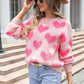 Round Neck Dropped Shoulder Sweater with Heart Pattern - NawdeX