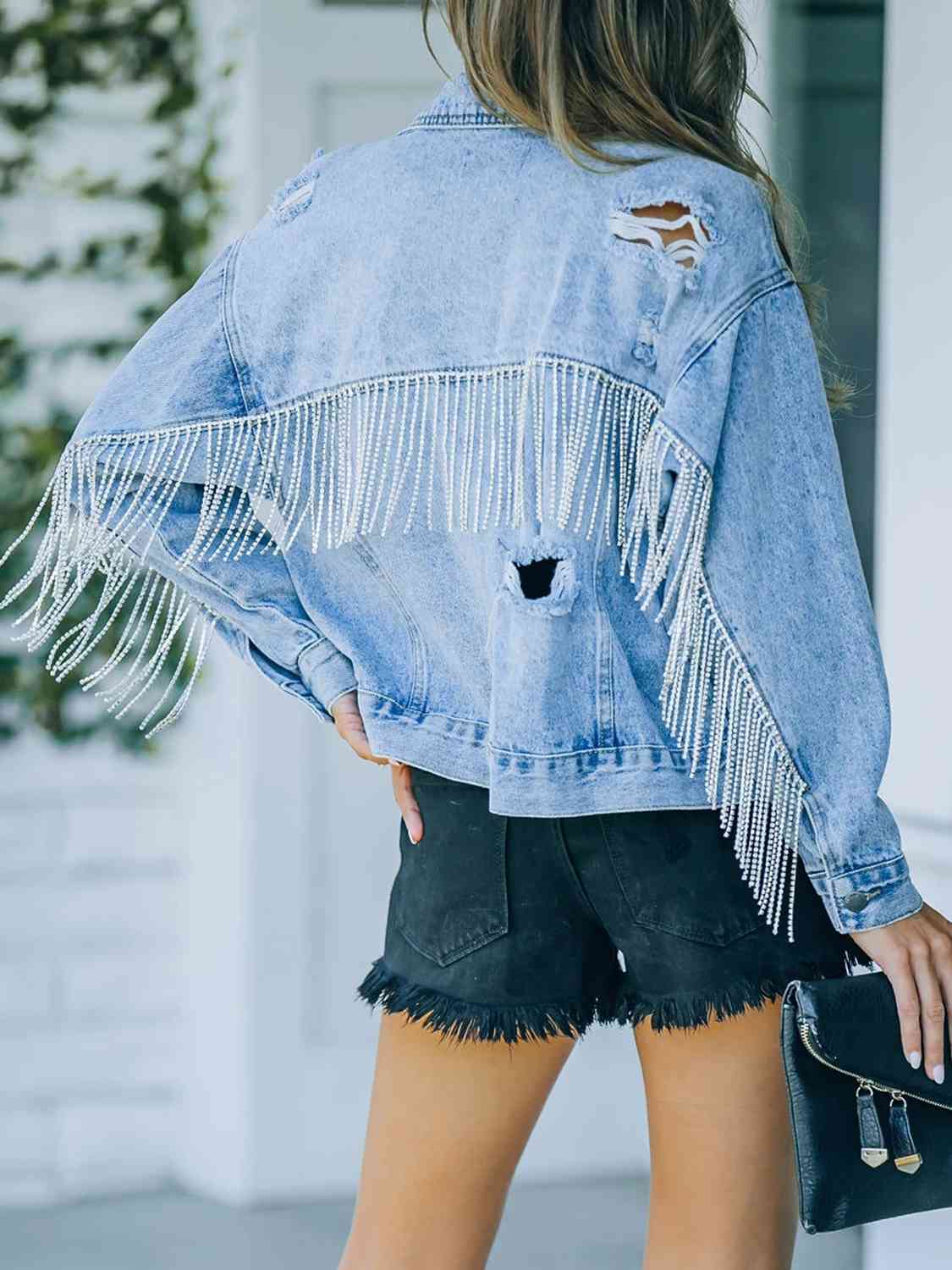 Distressed Fringe Denim Jacket - NawdeX