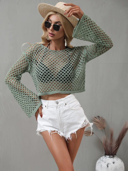 Openwork Flare Sleeve Cropped Cover Up - NawdeX