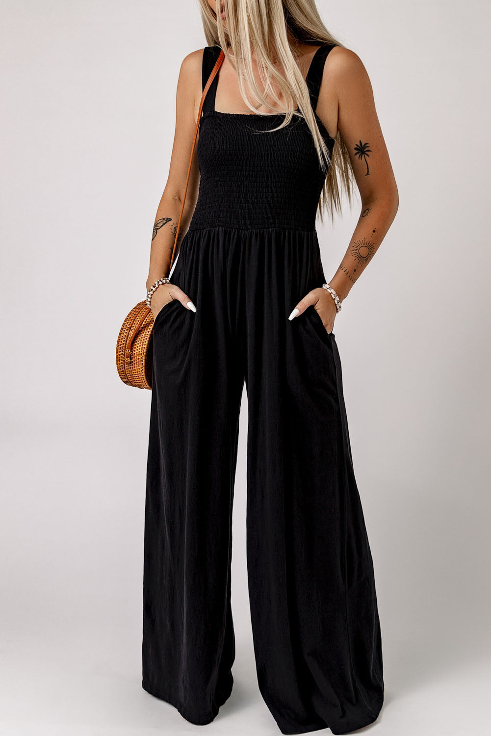 Smocked Square Neck Wide Leg Jumpsuit with Pockets - NawdeX