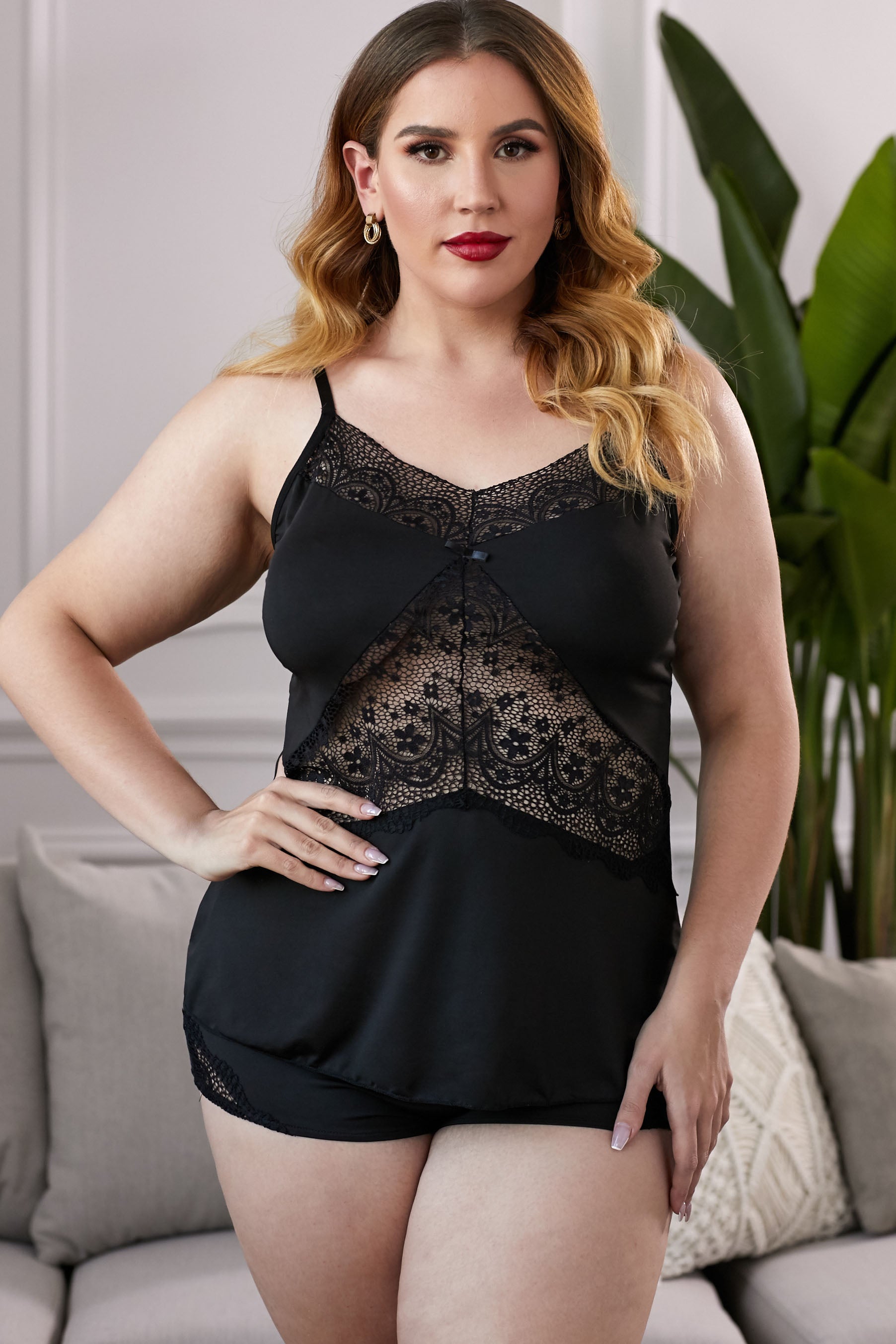 Lace Insert Plus Size Pajamas Set - NawdeX