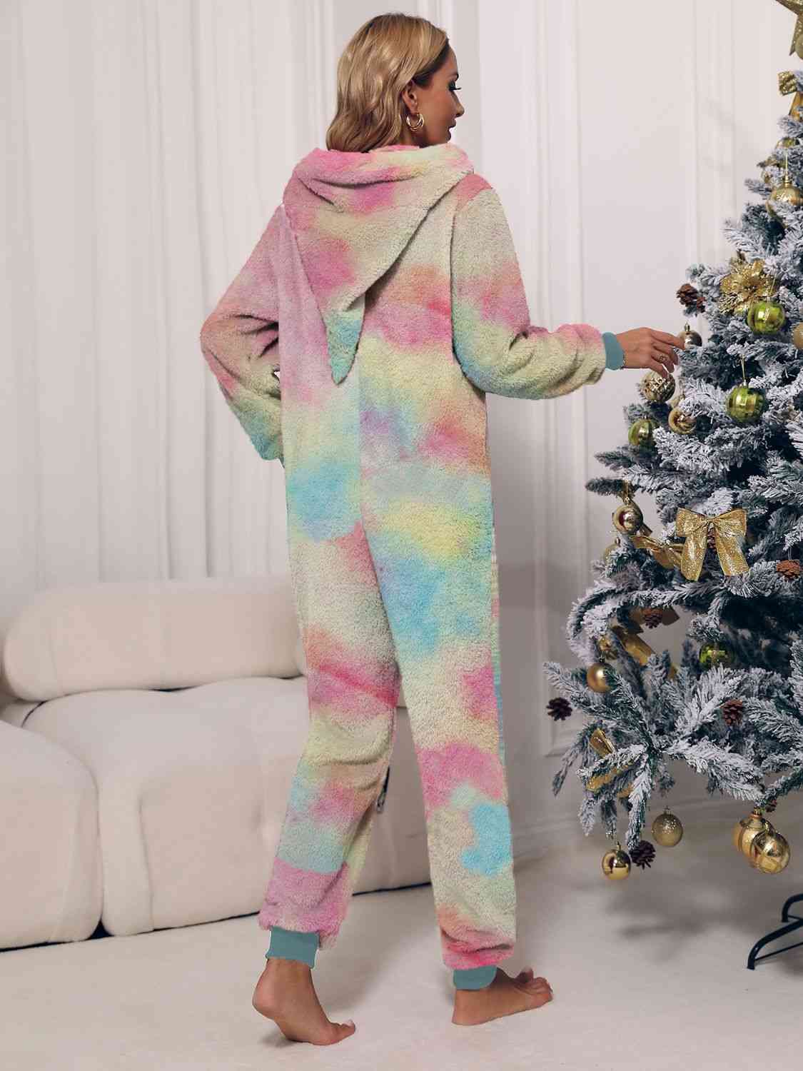 Zip Front Long Sleeve Hooded Teddy Lounge Jumpsuit - NawdeX