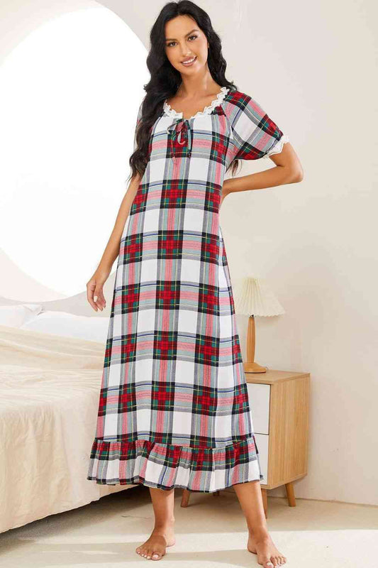 Plaid Lace Trim Ruffle Hem Night Dress - NawdeX