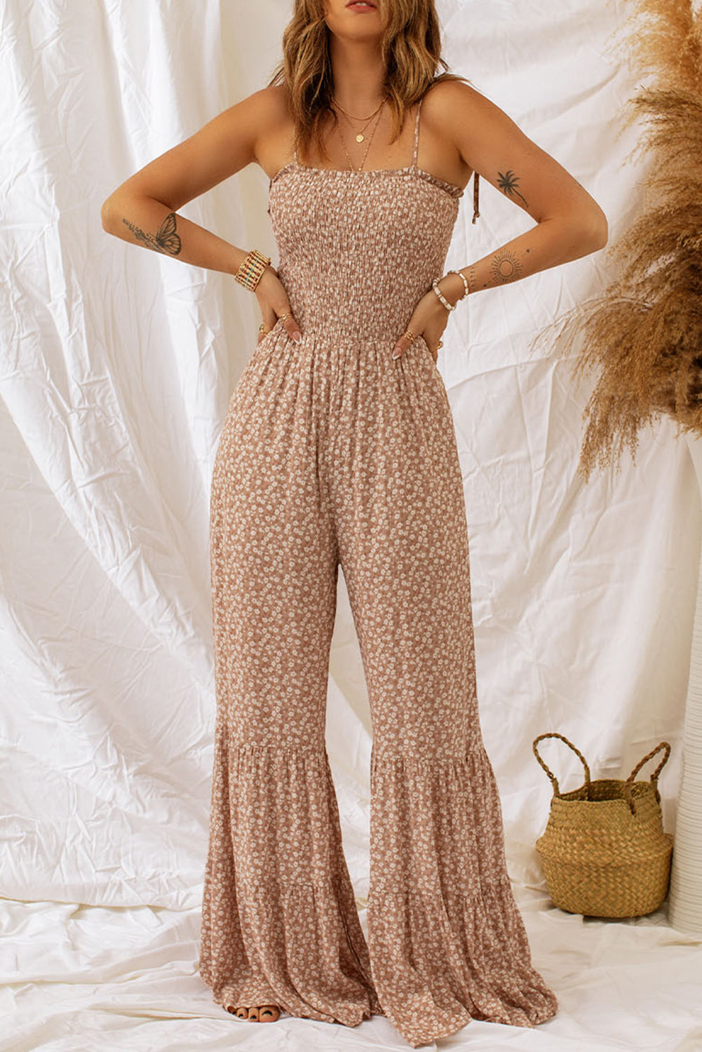 Floral Spaghetti Strap Smocked Wide Leg Jumpsuit - NawdeX