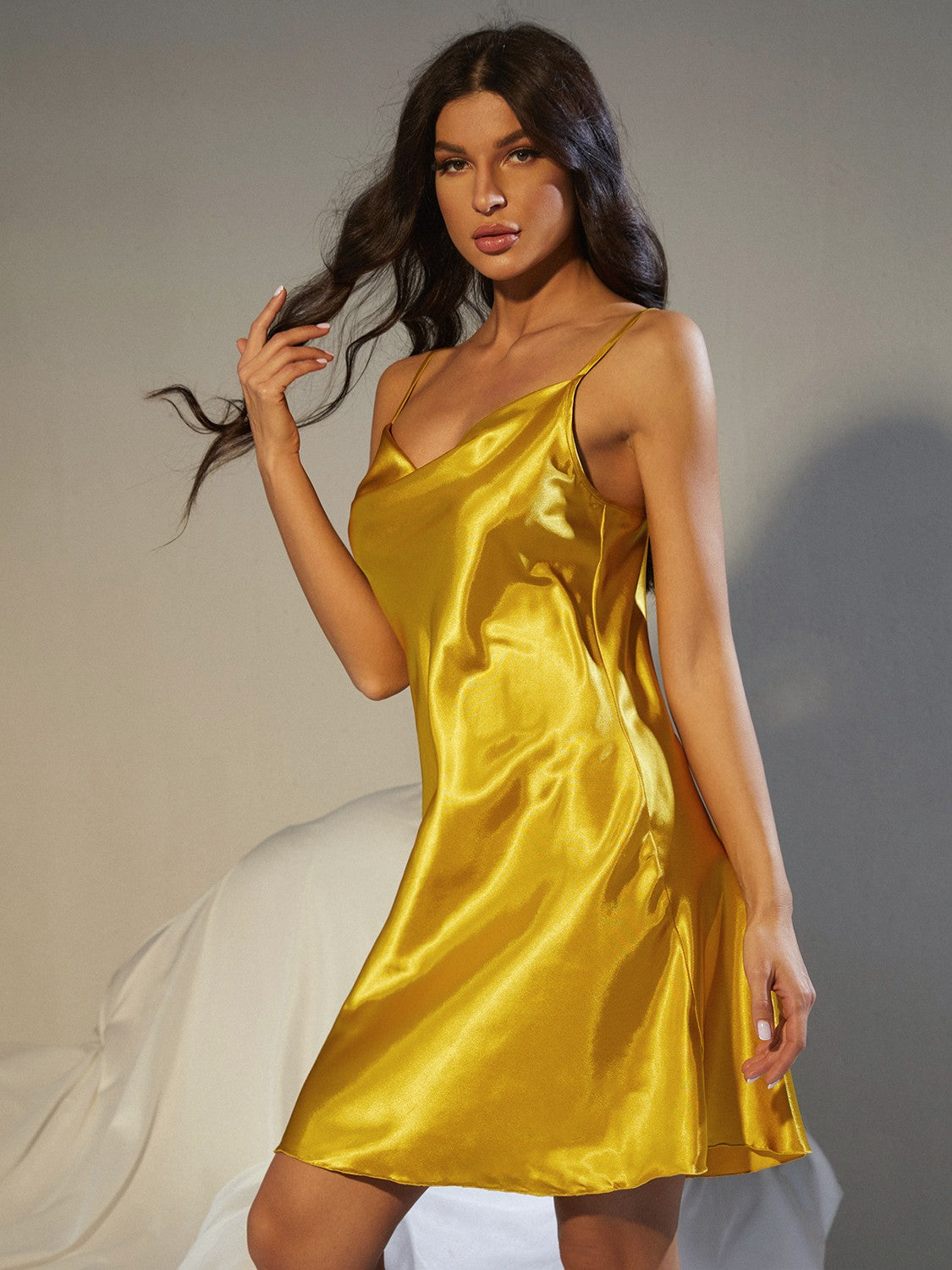 Spaghetti Strap Cowl Neck Satin Night Dress - NawdeX