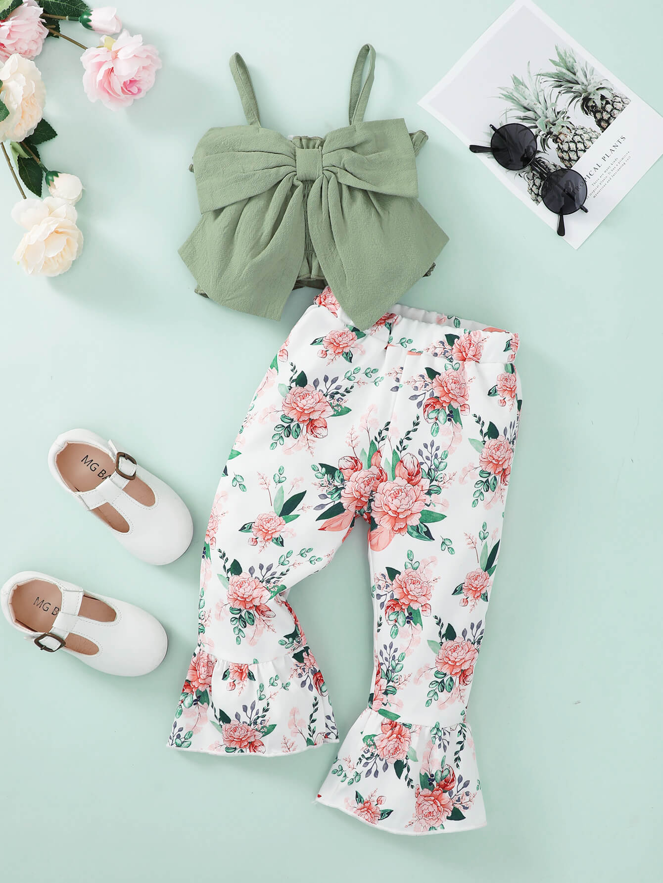 Girls Bow Detail Cami and Floral Flare Pants Set - NawdeX