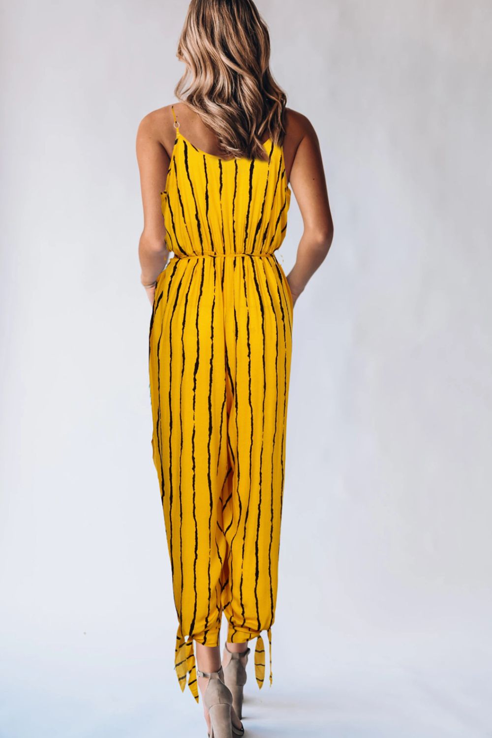 Striped Contrast Tie Ankle Spaghetti Strap Jumpsuit - NawdeX