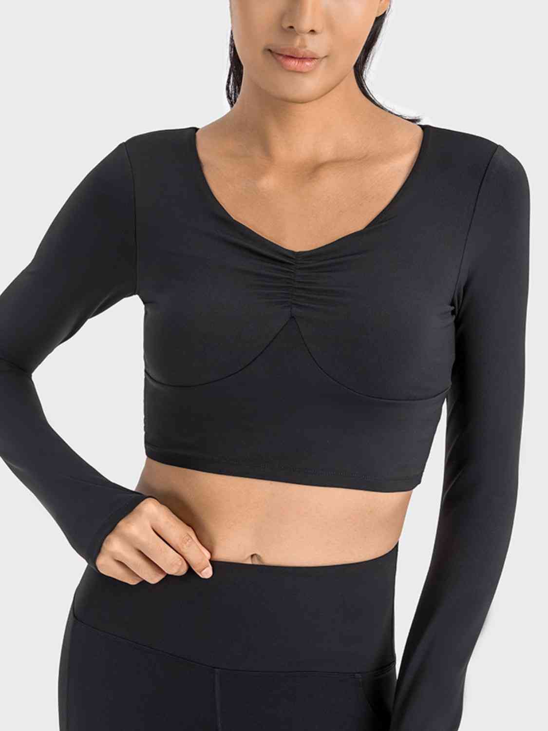 Ruched Cropped Long Sleeve Sports Top - NawdeX