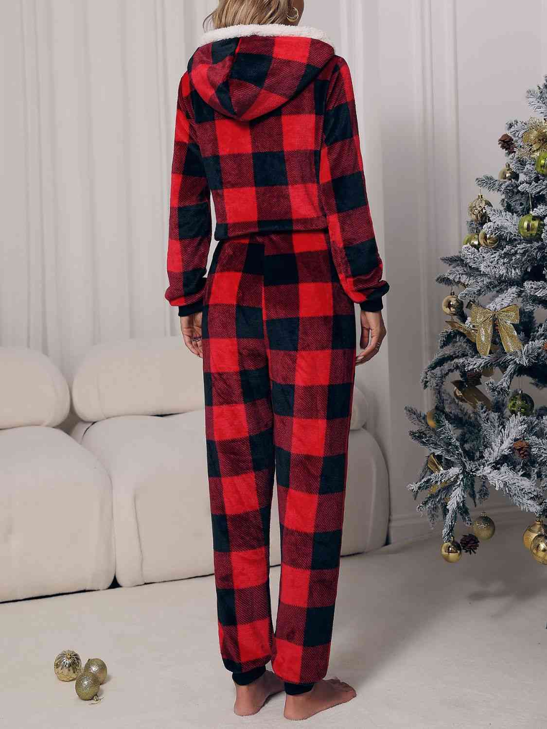 Plaid Zip Front Long Sleeve Hooded Lounge Jumpsuit - NawdeX