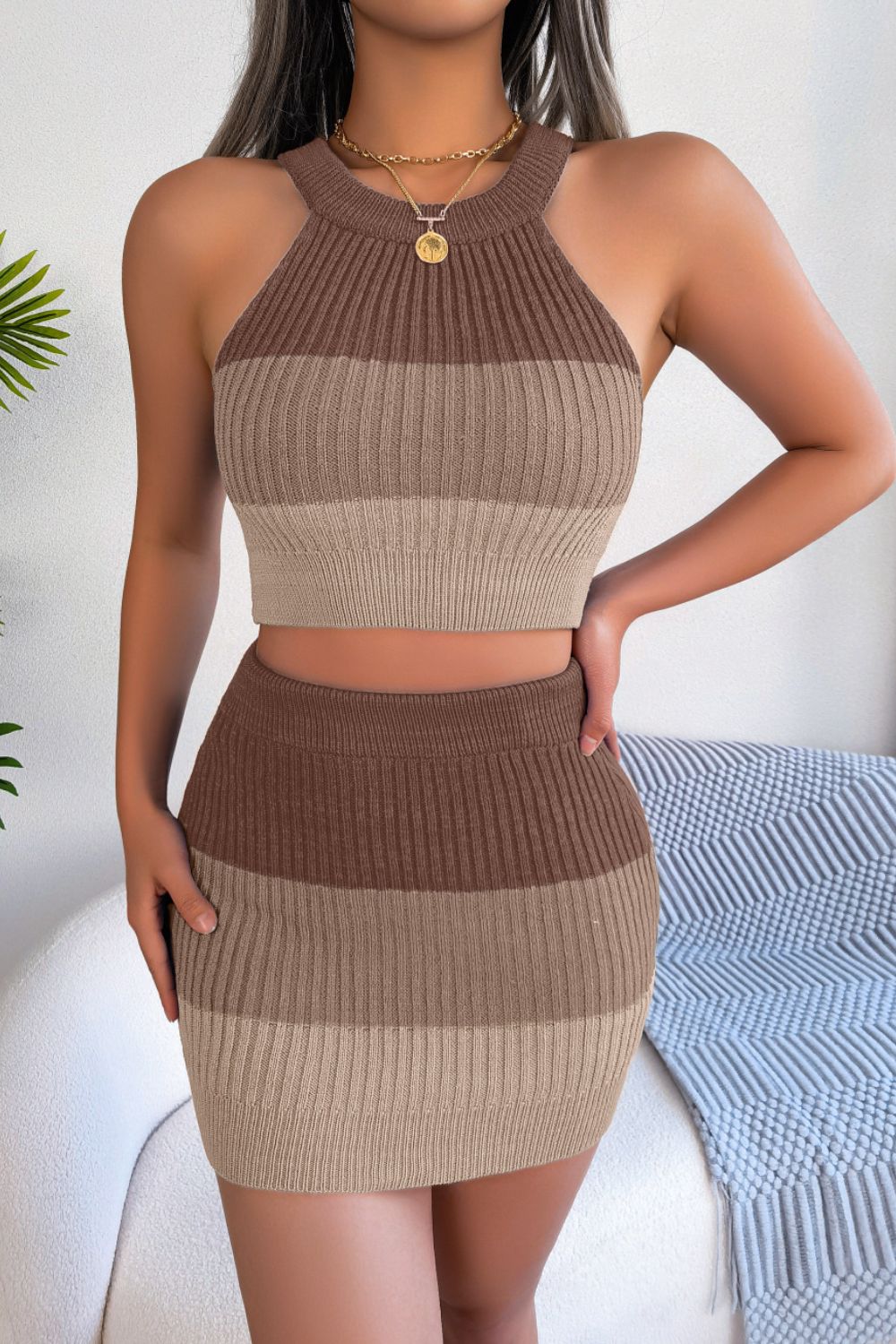 Color Block Sleeveless Crop Knit Top and Skirt Set - NawdeX