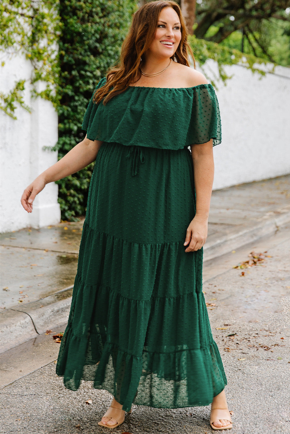 Plus Size Swiss Dot Off-Shoulder Tiered Dress - NawdeX