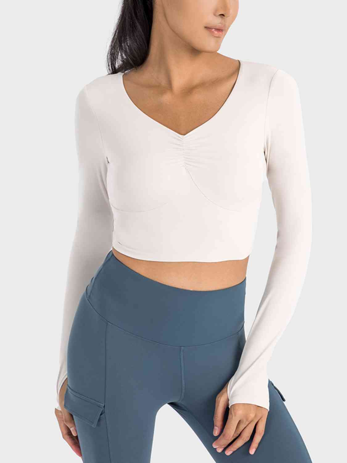 Ruched Cropped Long Sleeve Sports Top - NawdeX