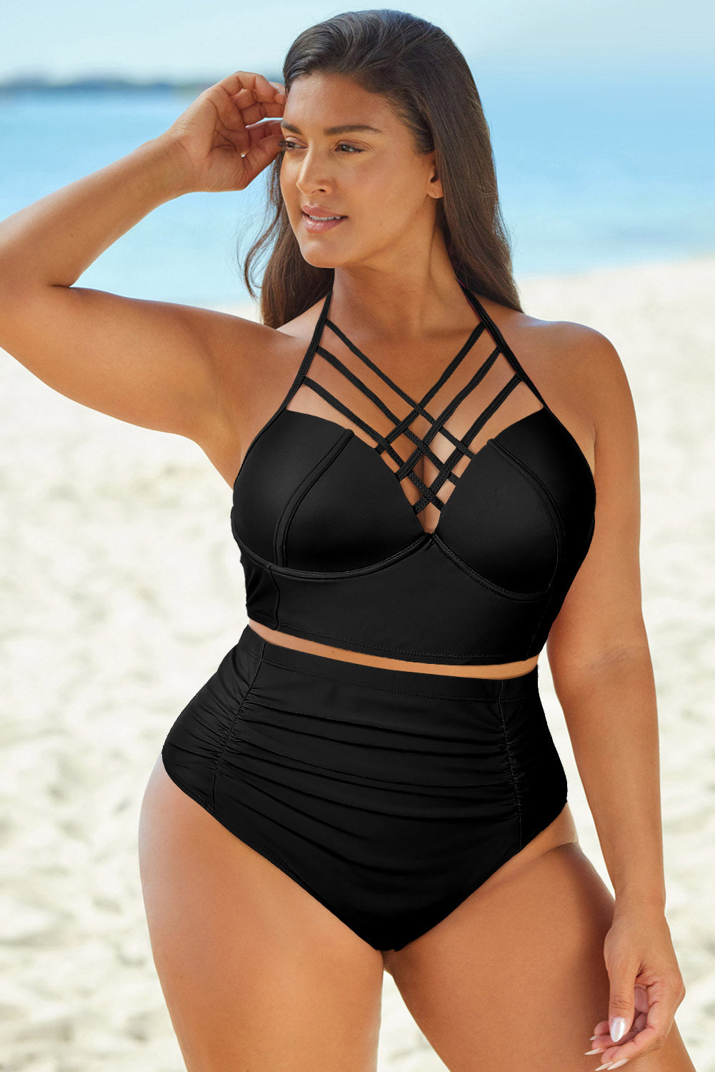 Halter Neck Crisscross Ruched Two-Piece Swimsuit - NawdeX