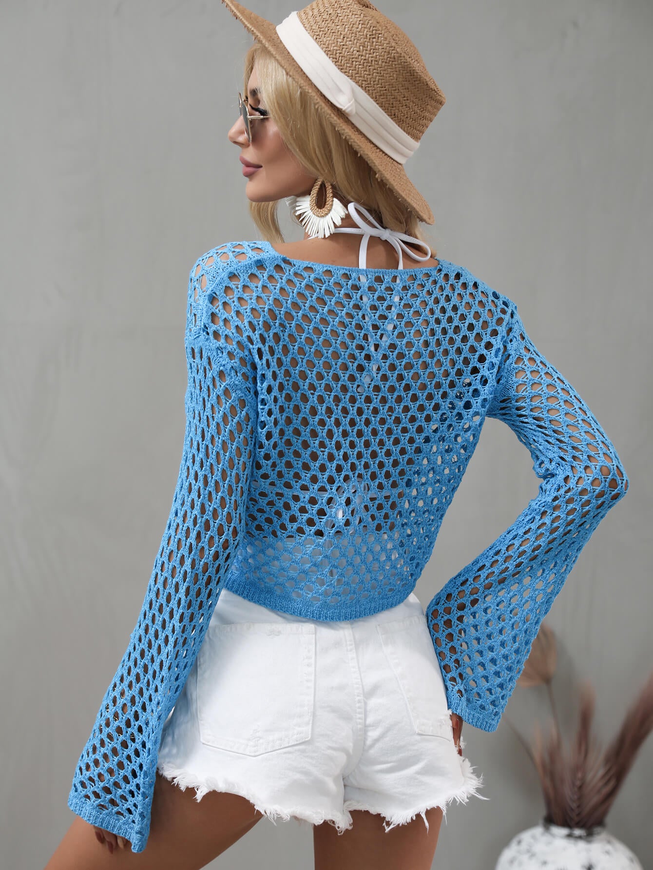 Openwork Flare Sleeve Cropped Cover Up - NawdeX