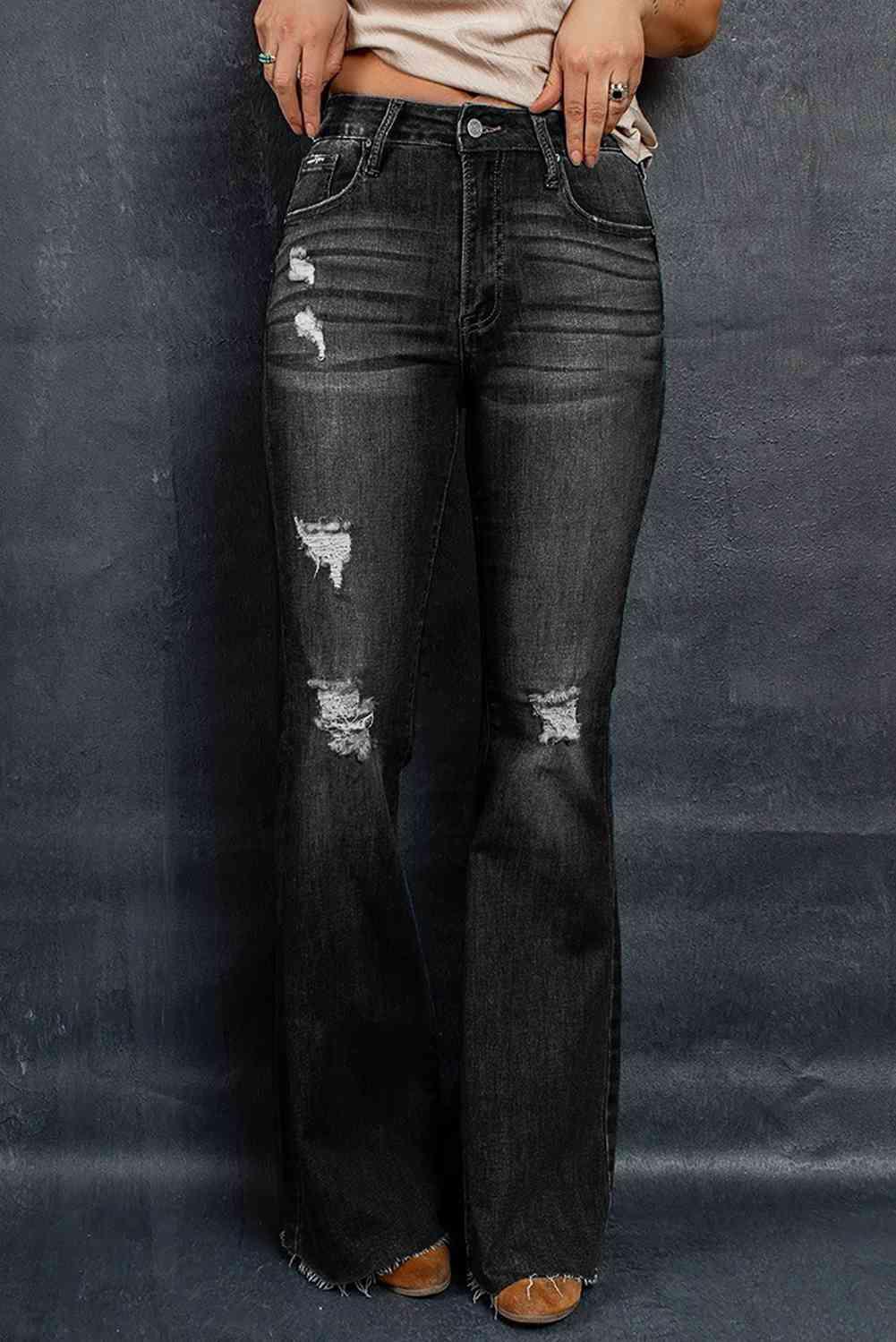 Distressed Raw Hem Flare Jeans