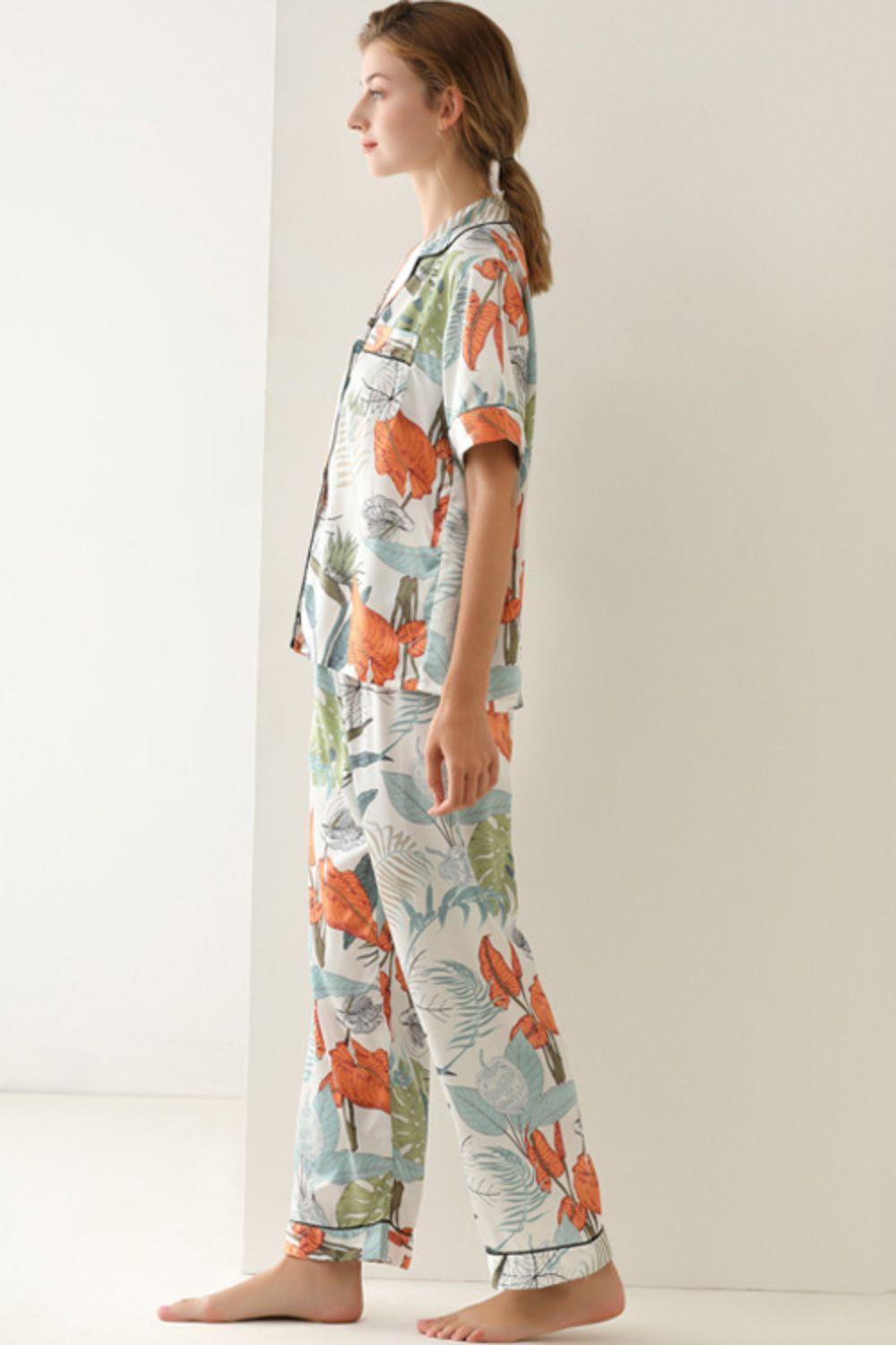 Botanical Print Button-Up Top and Pants Pajama Set - NawdeX