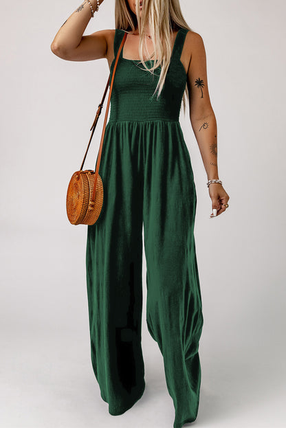 Smocked Square Neck Wide Leg Jumpsuit with Pockets - NawdeX