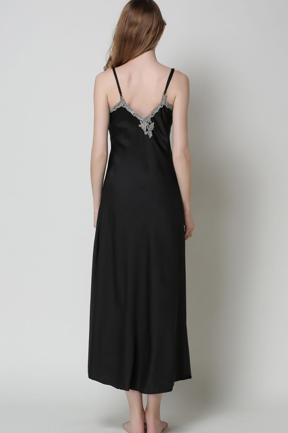 Full Size Lace Trim V-Neck Spaghetti Strap Satin Night Dress - NawdeX