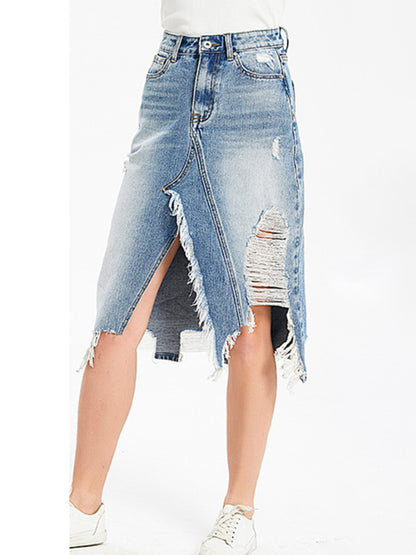 Women's Irregular fringed ripped butt-lifting denim midi skirt - NawdeX