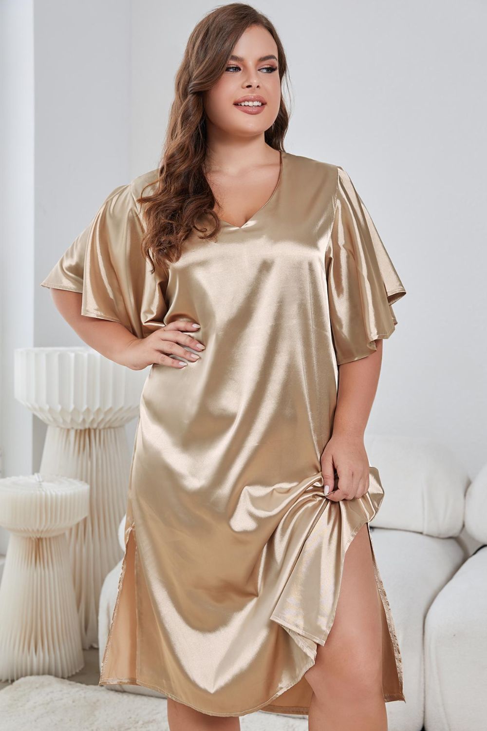 Plus Size Flutter Sleeve V-Neck Side Slit Night Gown - NawdeX