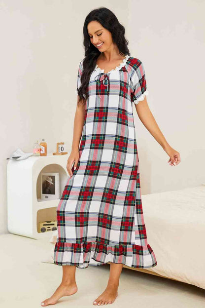 Plaid Lace Trim Ruffle Hem Night Dress - NawdeX