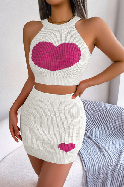 Heart Contrast Ribbed Sleeveless Knit Top and Skirt Set - NawdeX