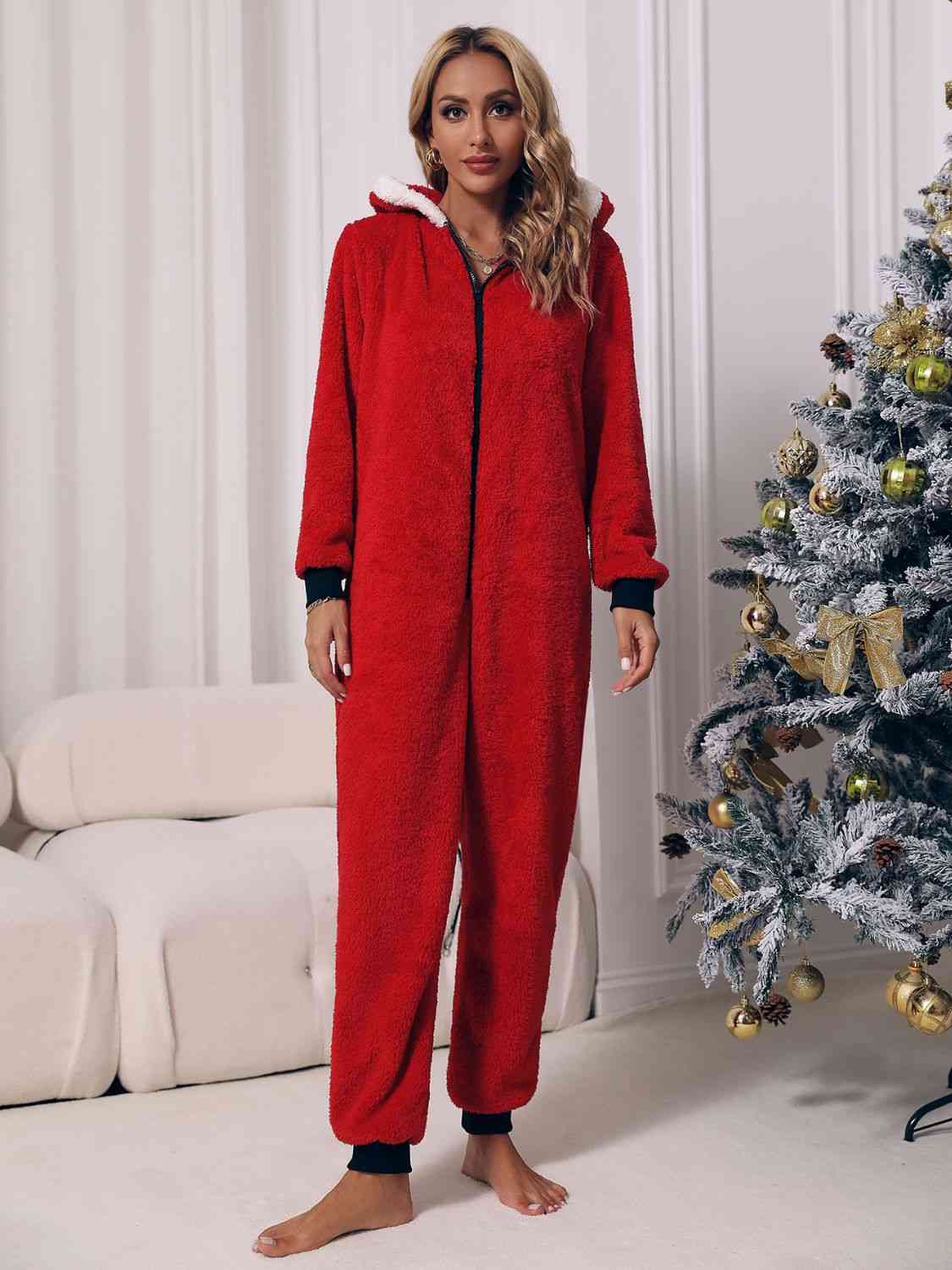 Zip Front Long Sleeve Hooded Teddy Lounge Jumpsuit - NawdeX