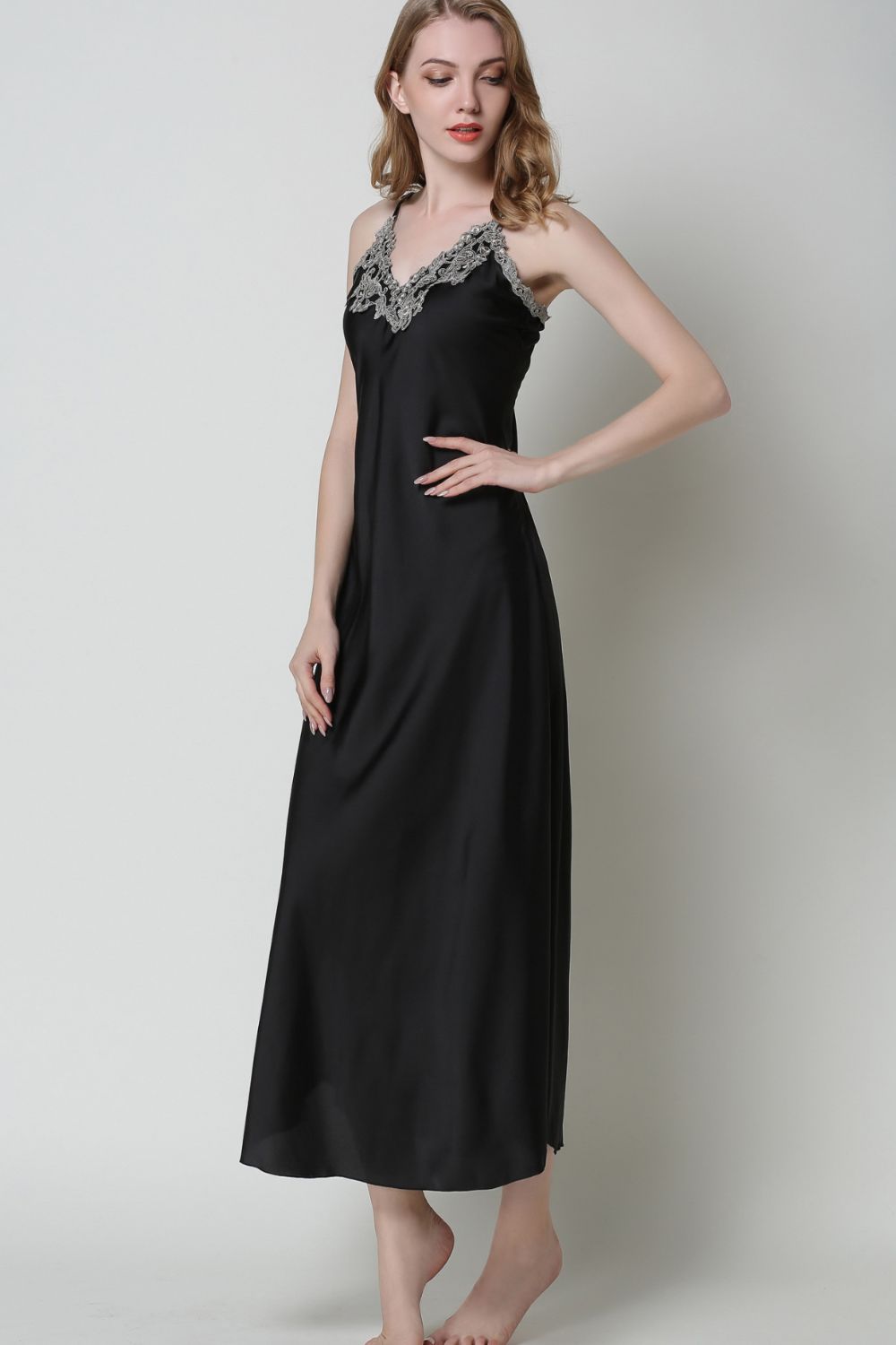 Full Size Lace Trim V-Neck Spaghetti Strap Satin Night Dress - NawdeX