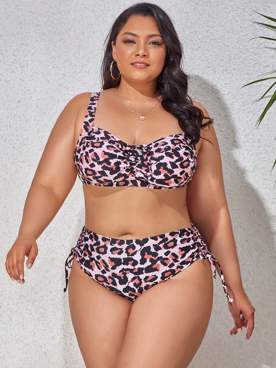 Plus Size Printed Drawstring Detail Bikini Set - NawdeX