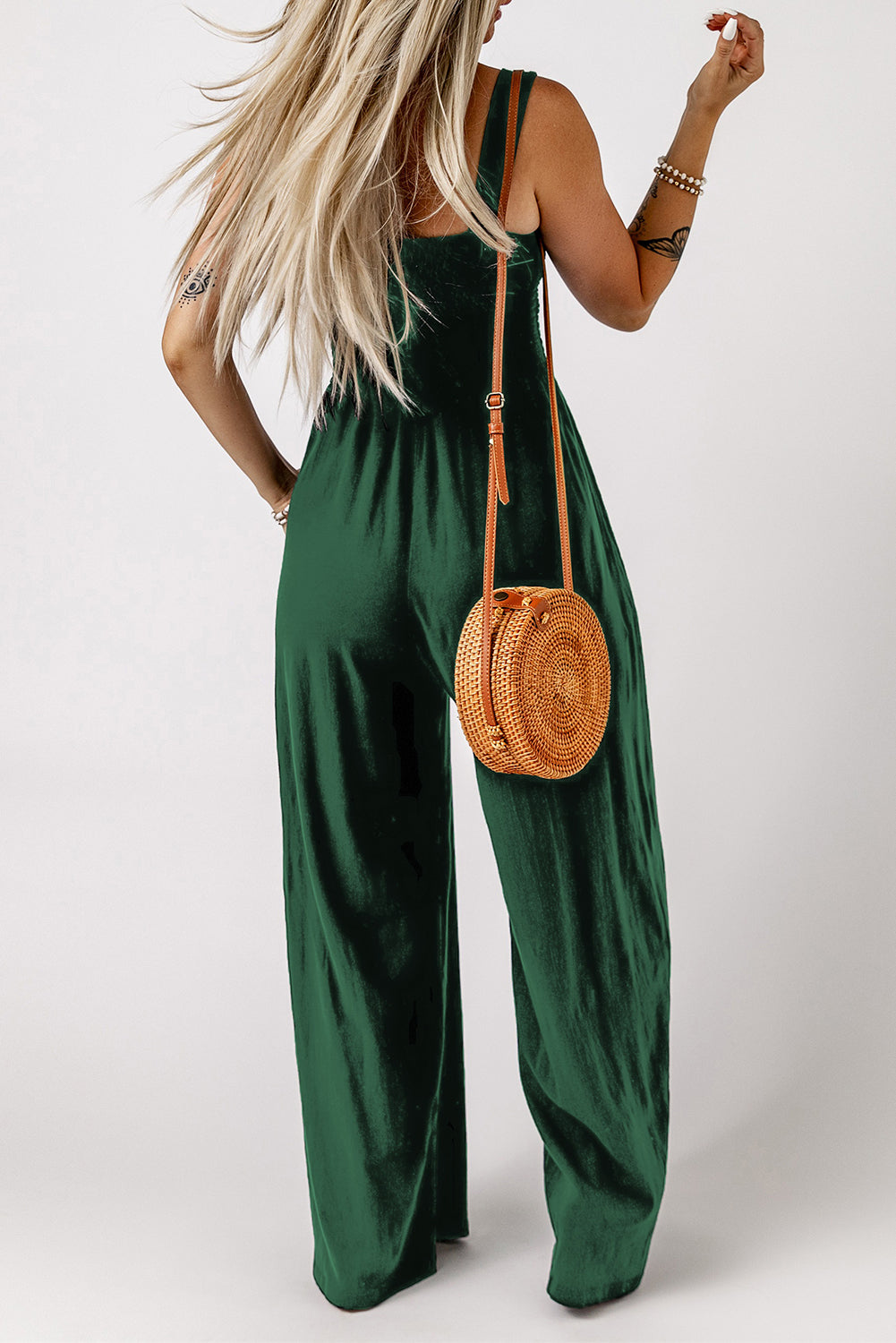 Smocked Square Neck Wide Leg Jumpsuit with Pockets - NawdeX