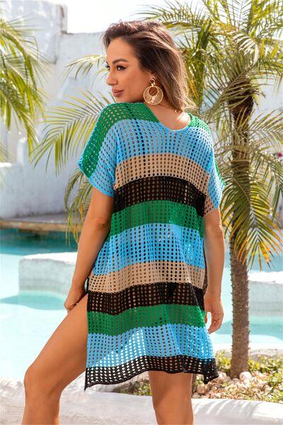 Openwork Striped V-Neck Short Sleeve Cover Up