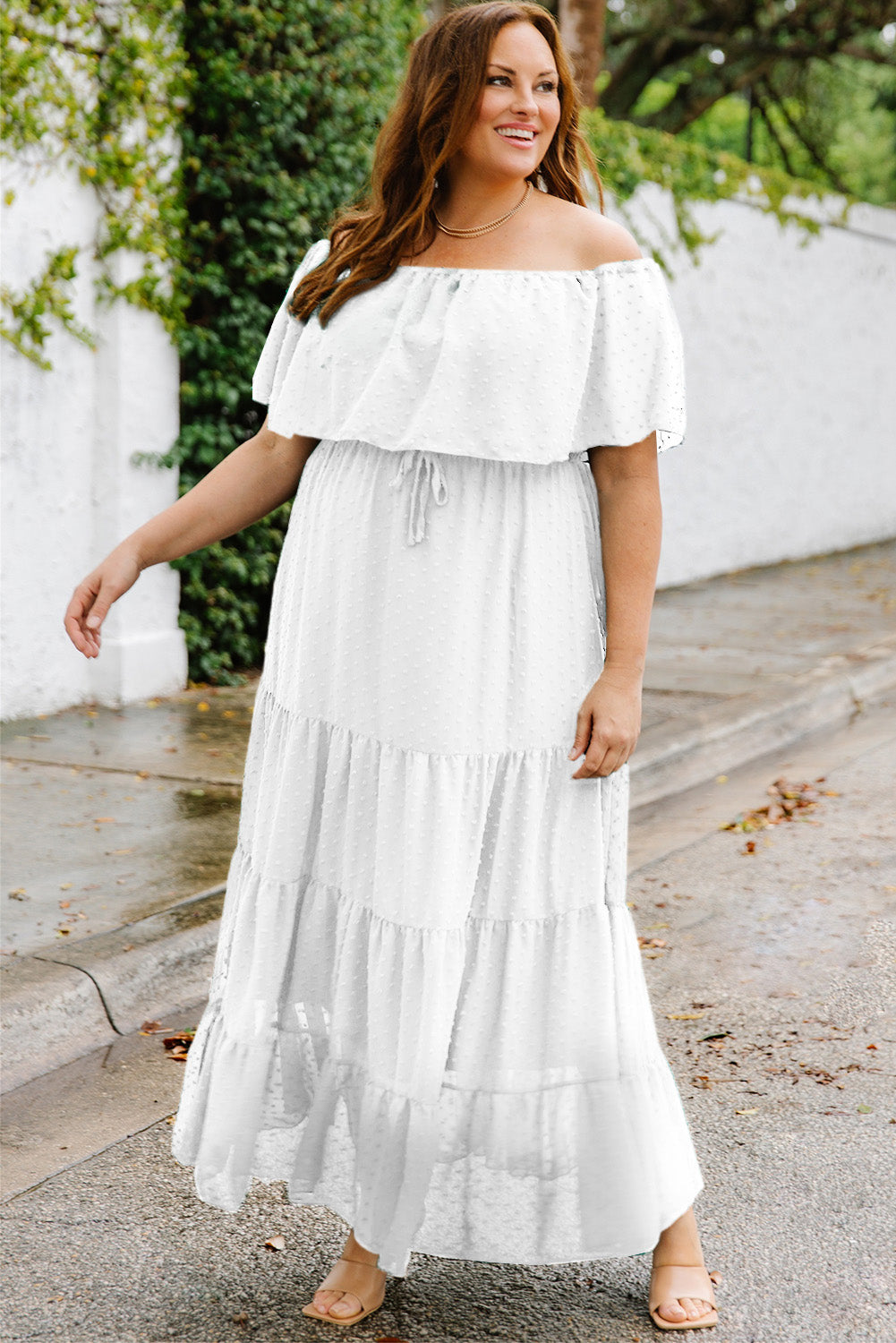 Plus Size Swiss Dot Off-Shoulder Tiered Dress - NawdeX