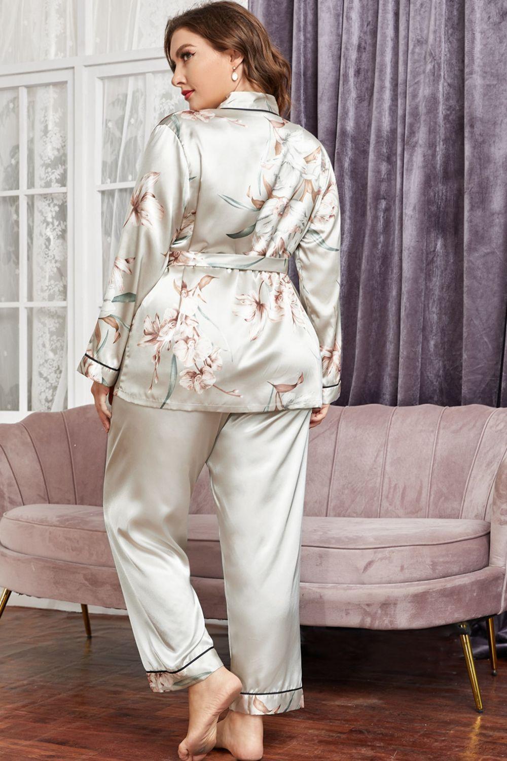 Plus Size Floral Belted Robe and Pants Pajama Set - NawdeX