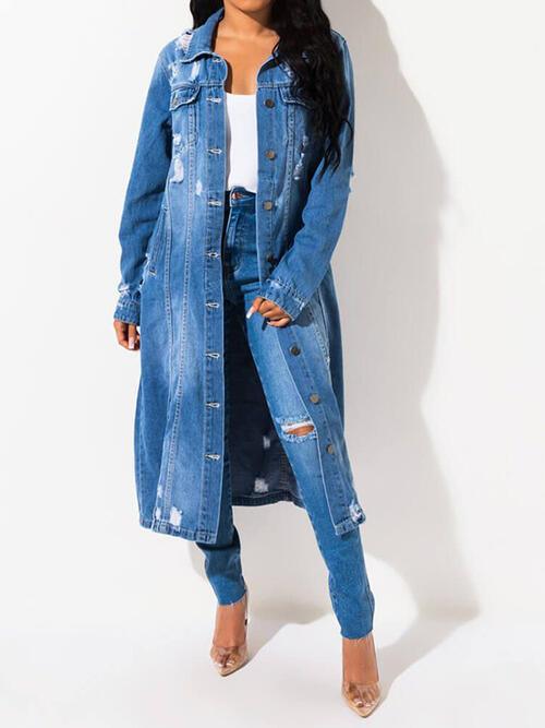 Long Sleeve Raw Hem Denim Jacket - NawdeX