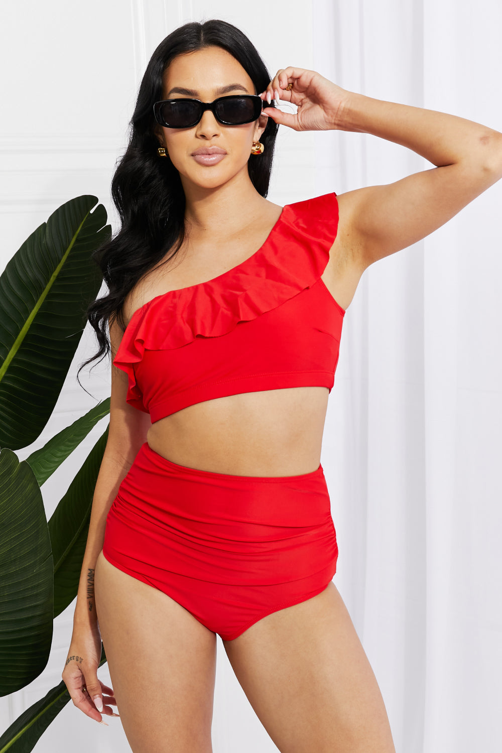 Marina West Swim Seaside Romance Ruffle One-Shoulder Bikini in Red - NawdeX