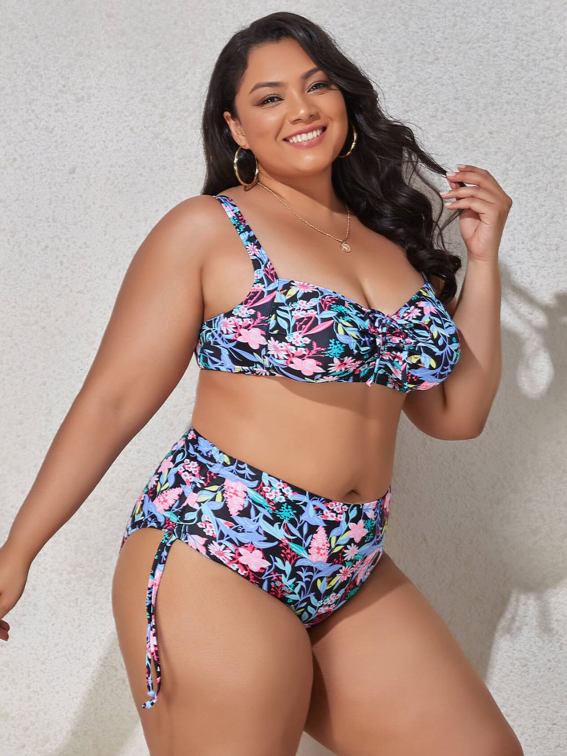 Plus Size Printed Drawstring Detail Bikini Set - NawdeX