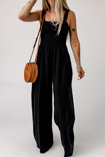 Smocked Square Neck Wide Leg Jumpsuit with Pockets - NawdeX