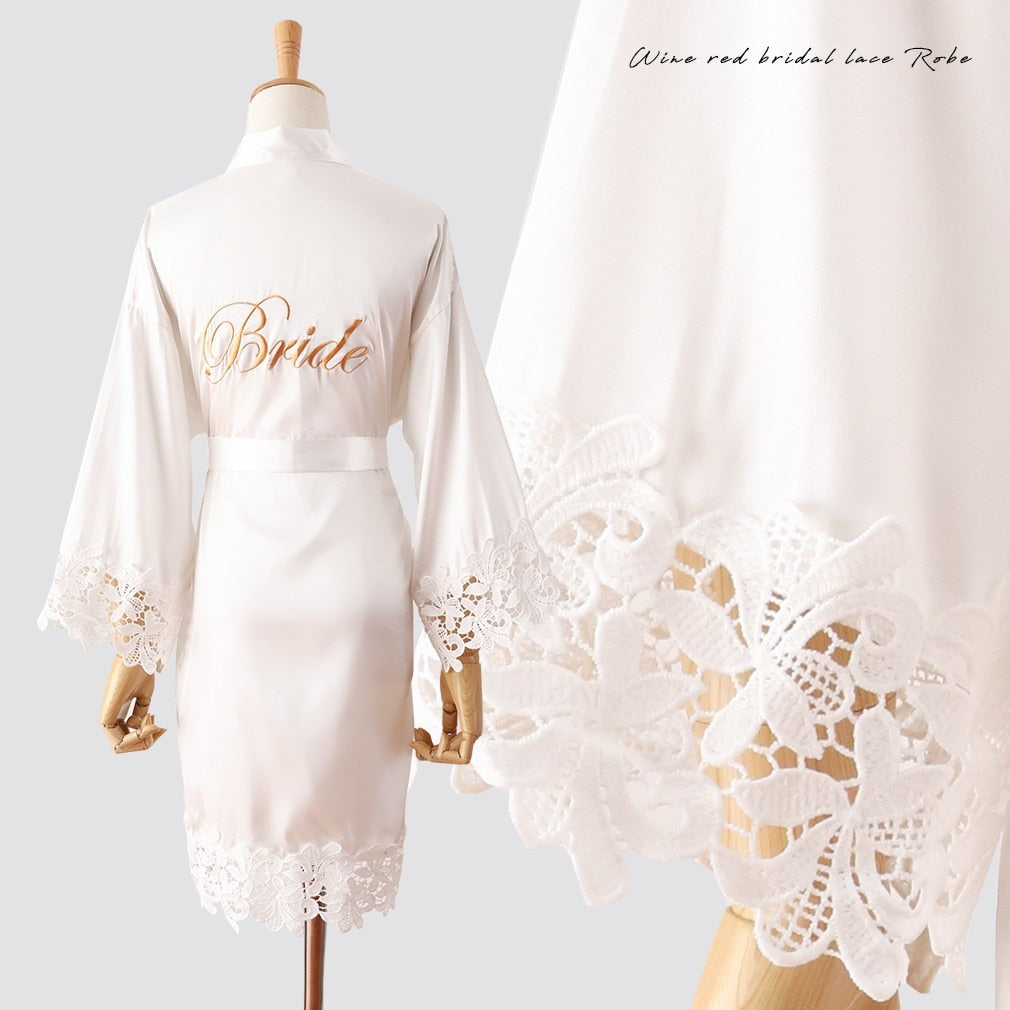 Summer Lace Sleepwear Bride/Bridesmaid Wedding Robe Gown Solid Embroidery Kimono - NawdeX