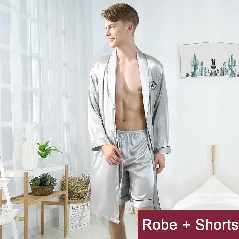 Men/Groom Robe Set Satin Loose Kimono Bathrobe Gown Sexy Long Sleeve Autumn Sleepwear Nightgown - NawdeX