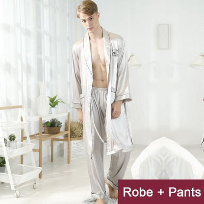 Men/Groom Robe Set Satin Loose Kimono Bathrobe Gown Sexy Long Sleeve Autumn Sleepwear Nightgown - NawdeX