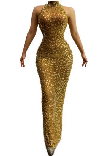 Full Gold Rhinestones Transparent Mesh Long Dress Women Birthday Celebrate Dress High Neck Outfit - NawdeX