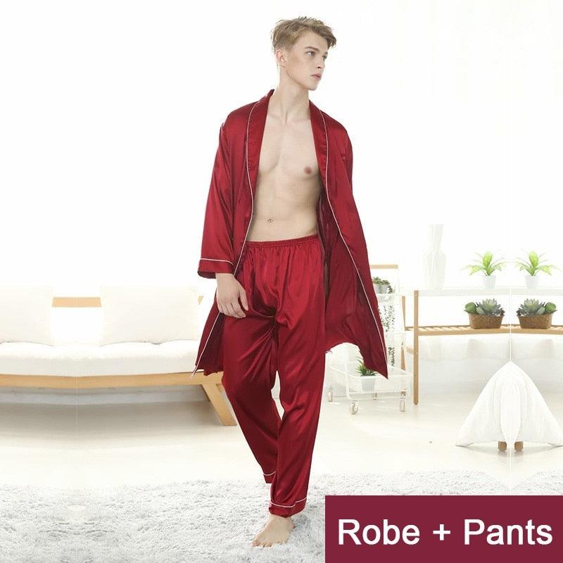 Men/Groom Robe Set Satin Loose Kimono Bathrobe Gown Sexy Long Sleeve Autumn Sleepwear Nightgown - NawdeX