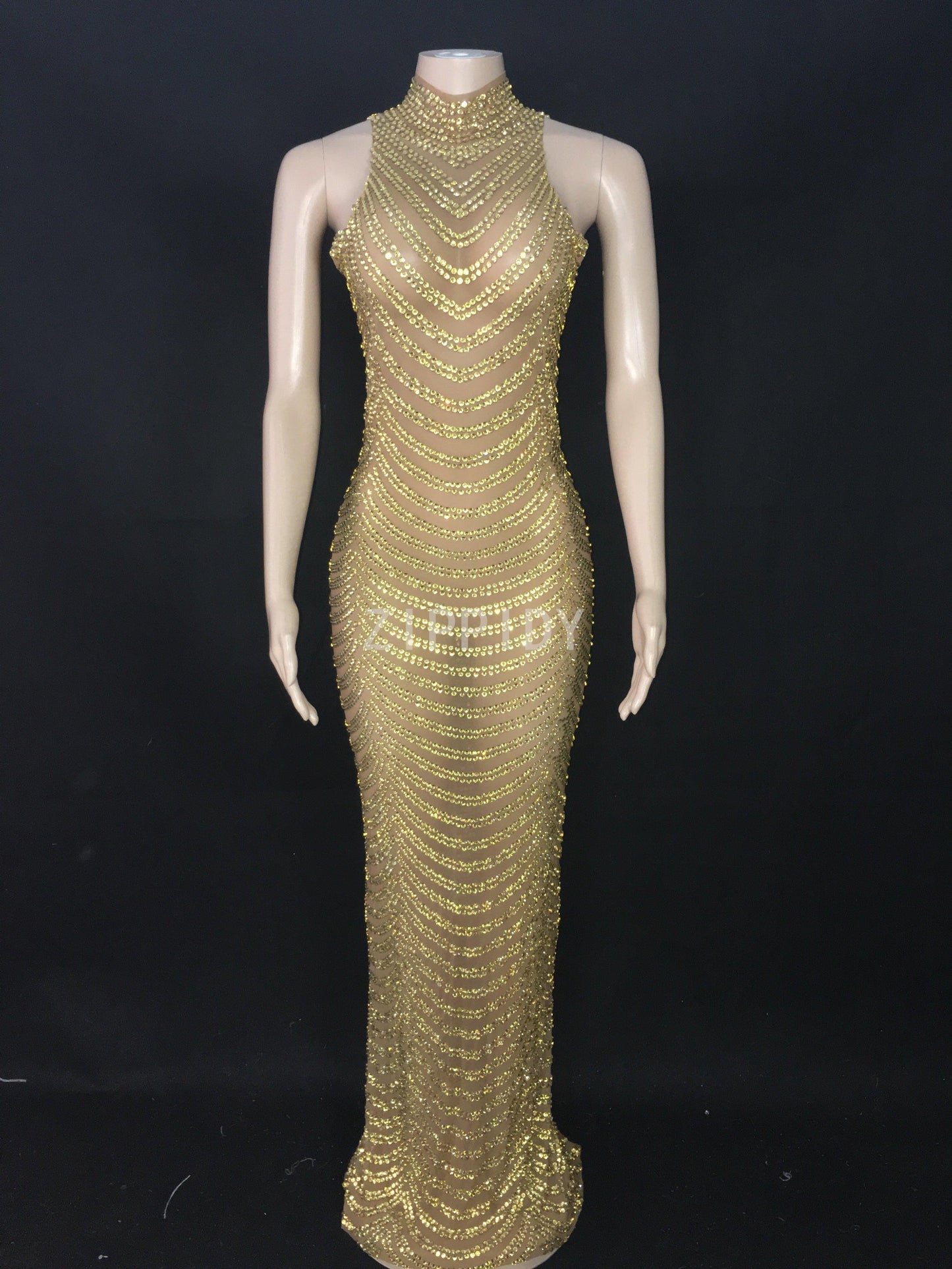 Full Gold Rhinestones Transparent Mesh Long Dress Women Birthday Celebrate Dress High Neck Outfit - NawdeX