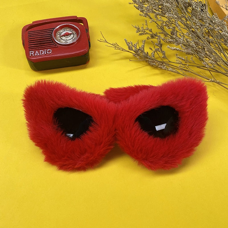 Hip Hop Fluffy Cat Eye Sunglasses Funny Cosplay Party Vintage Furry Eyeglasses Ins Kadashian Fashion New Pink Red Black Shades - NawdeX